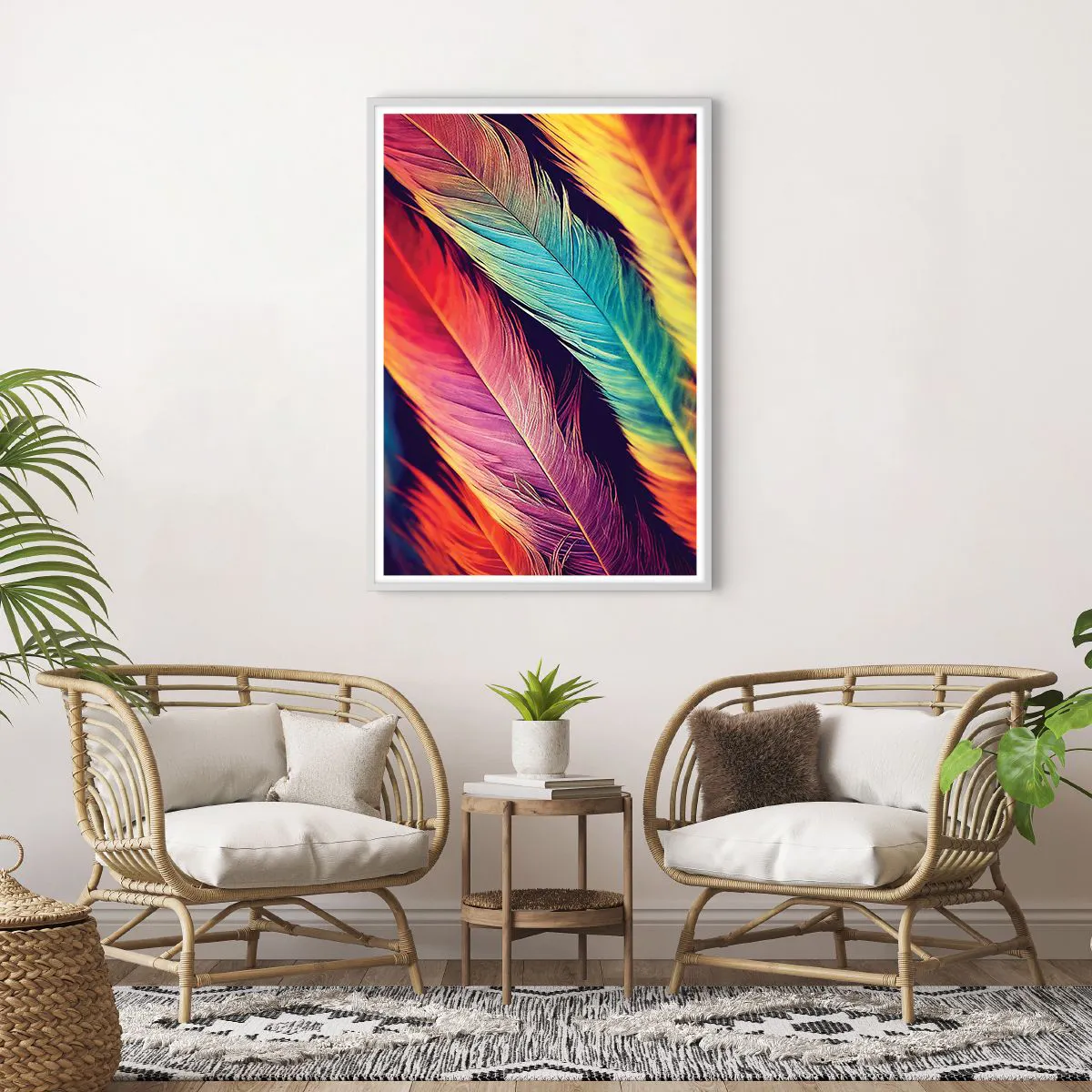 Affisch i vit ram - Fjäderlik regnbåge - 70x100 cm