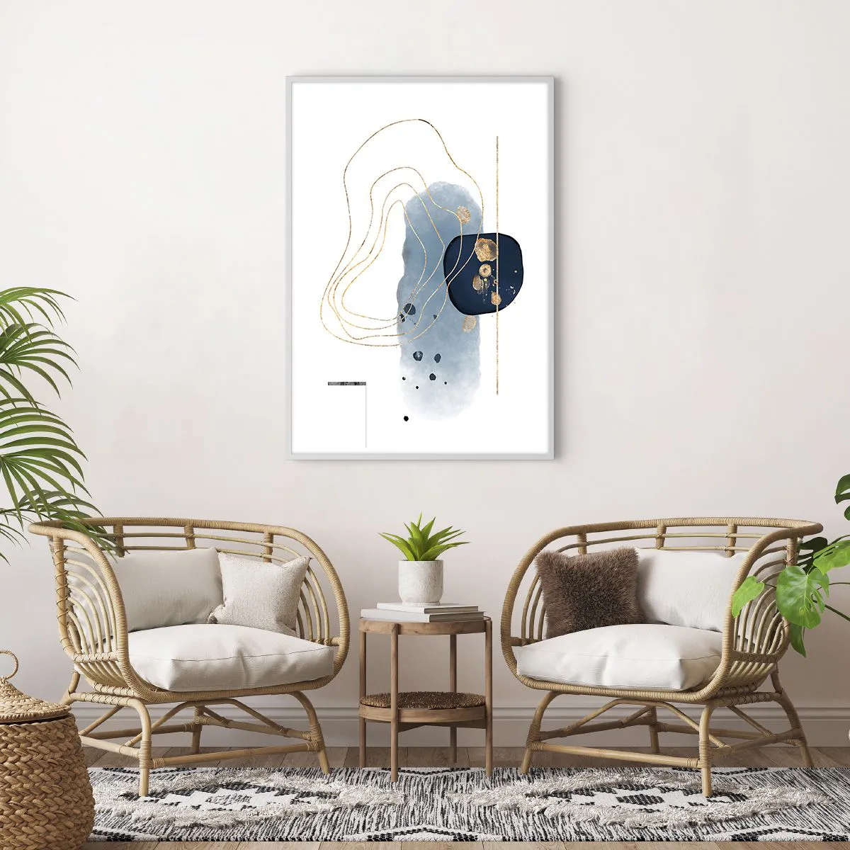 Plakát v bílém rámu - Modro-zlatá fantazie - 70x100 cm