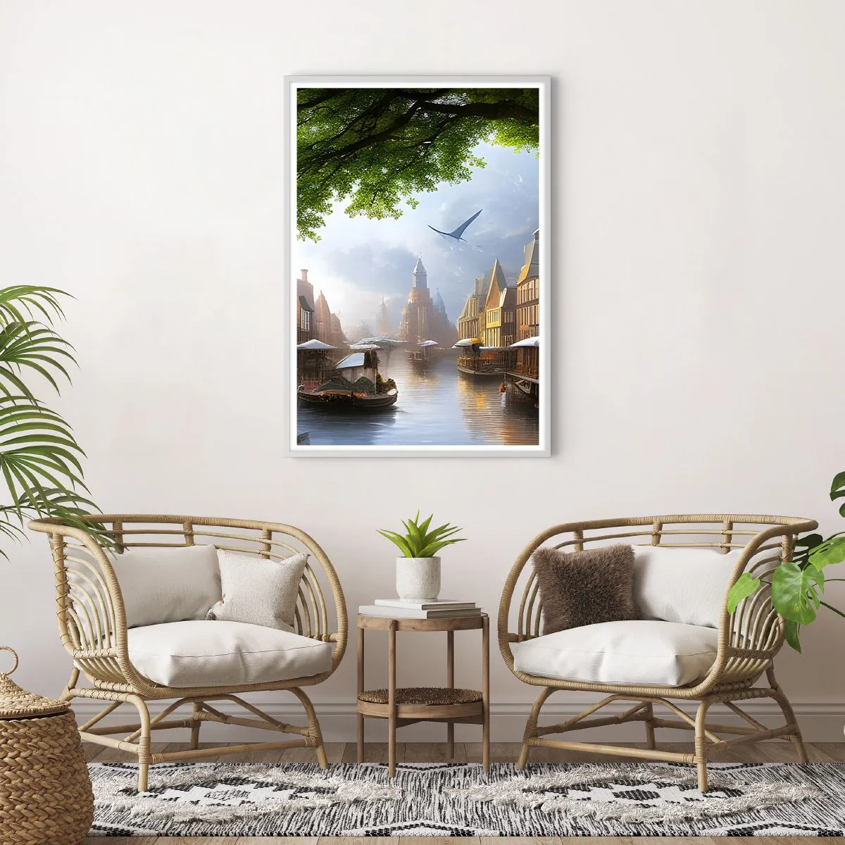 Plakat i hvid ramme - Hollandsk bybillede - 70x100 cm