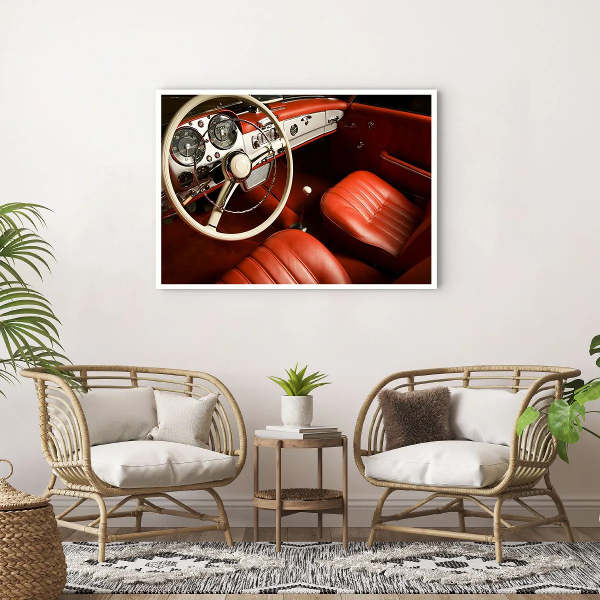 Poster - Oldtimer-Innenraum mit roten Ledersitzen - 100x70cm - Luxus im Vintagestil - Moderne Wanddekoration für Wohnzimmer und Schlafzimmer ARTTOR