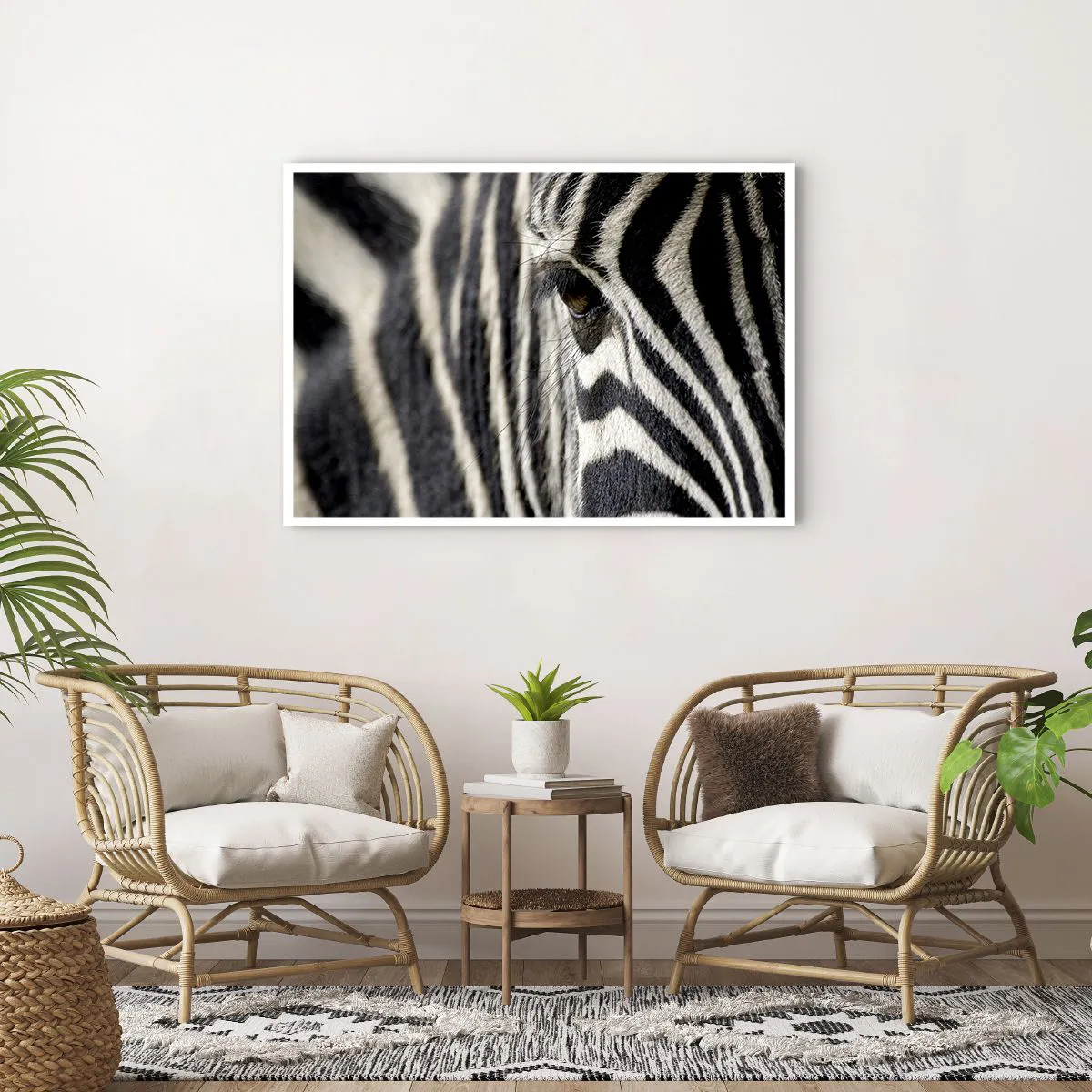 Affiche - Poster - Gros plan de l'œil d'un zèbre avec des rayures noires et blanches - 100x70cm - Portrait en rayure - Décoration murale moderne pour le salon et la chambre ARTTOR