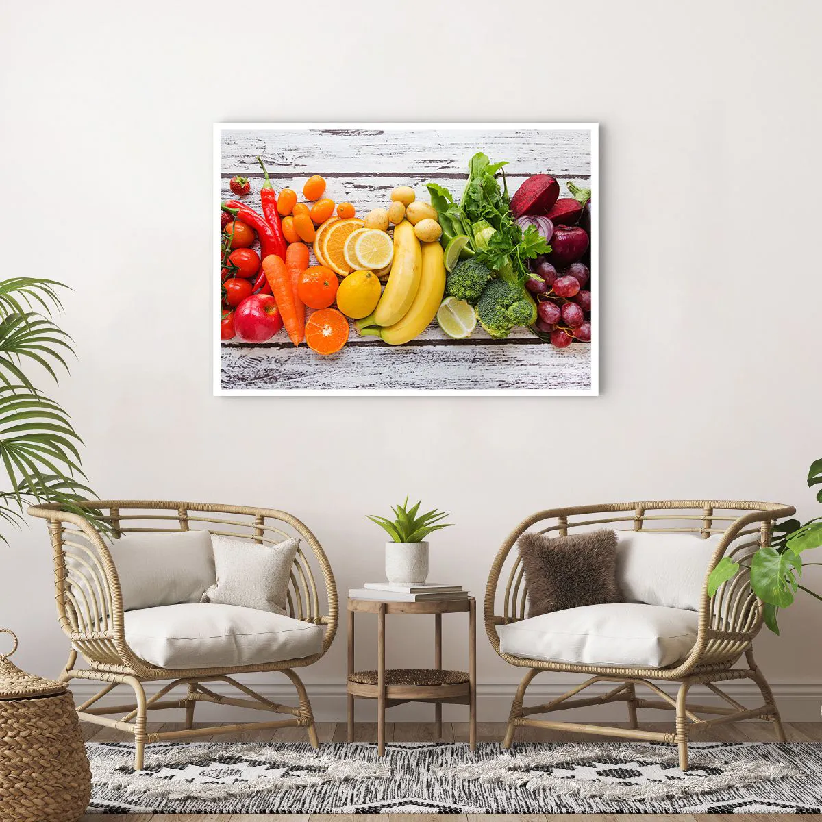 Plakat - Kolorowe owoce i warzywa na drewnianym tle - 100x70cm - To nie wystarczy? - Nowoczesna dekoracja ścienna do salonu i sypialni ARTTOR