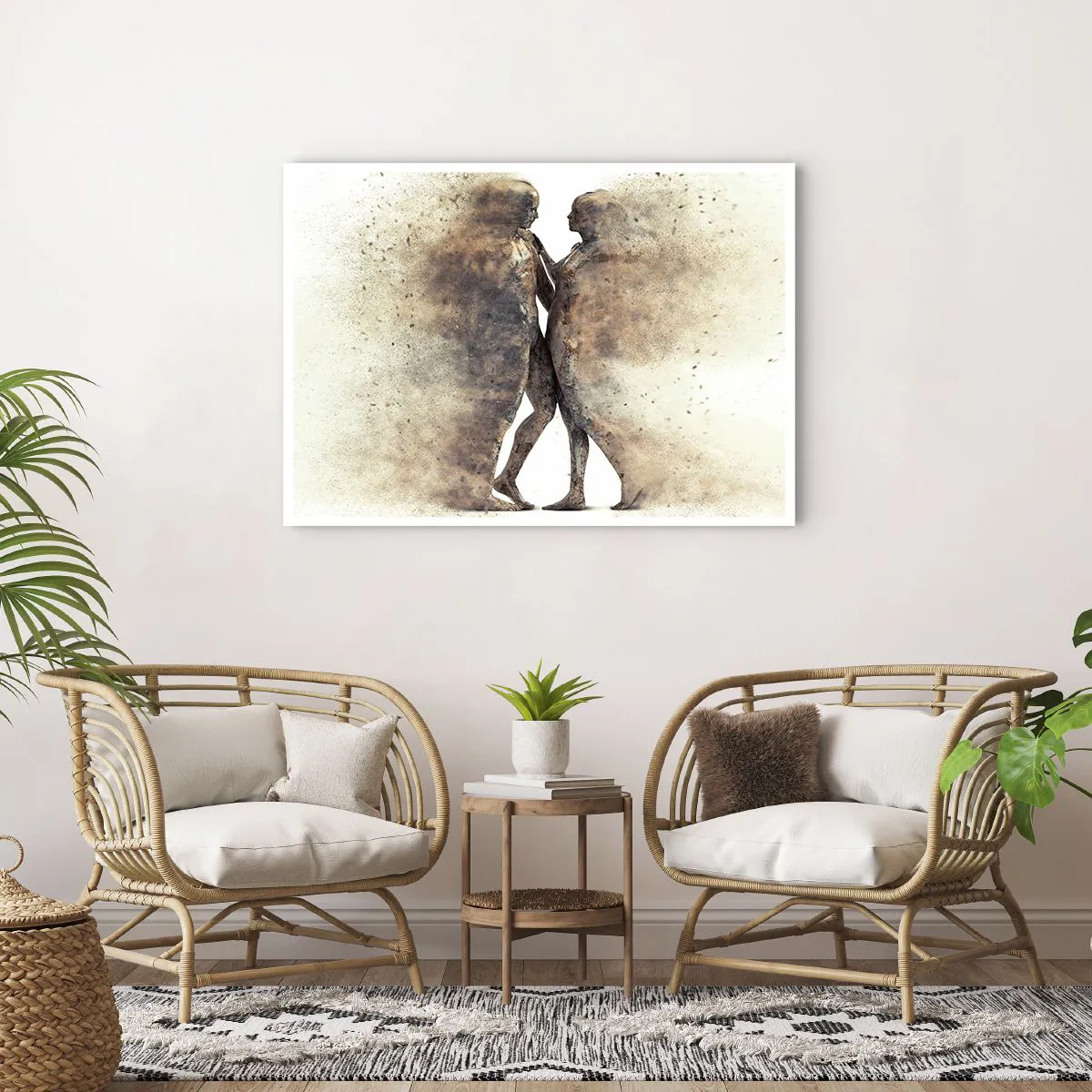 Poster - Ein abstraktes Silhouettenduo in Sandtönen - 100x70cm - Sie erhoben sich aus dem Staub, um zu lieben - Moderne Wanddekoration für Wohnzimmer und Schlafzimmer ARTTOR