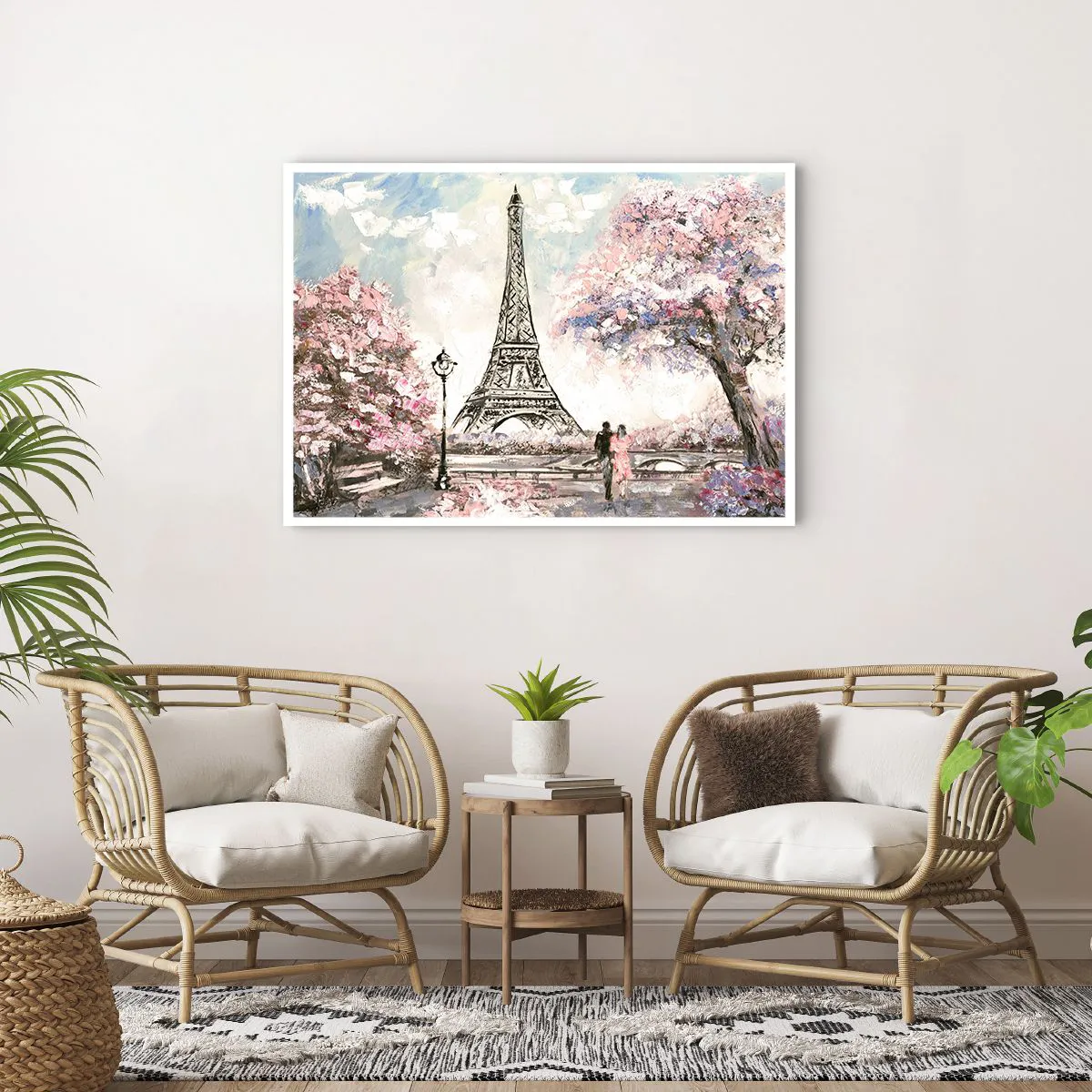 Poster - Der Eiffelturm, umgeben von blühenden Bäumen - 100x70cm - Aprilspaziergang durch Paris - Moderne Wanddekoration für Wohnzimmer und Schlafzimmer ARTTOR