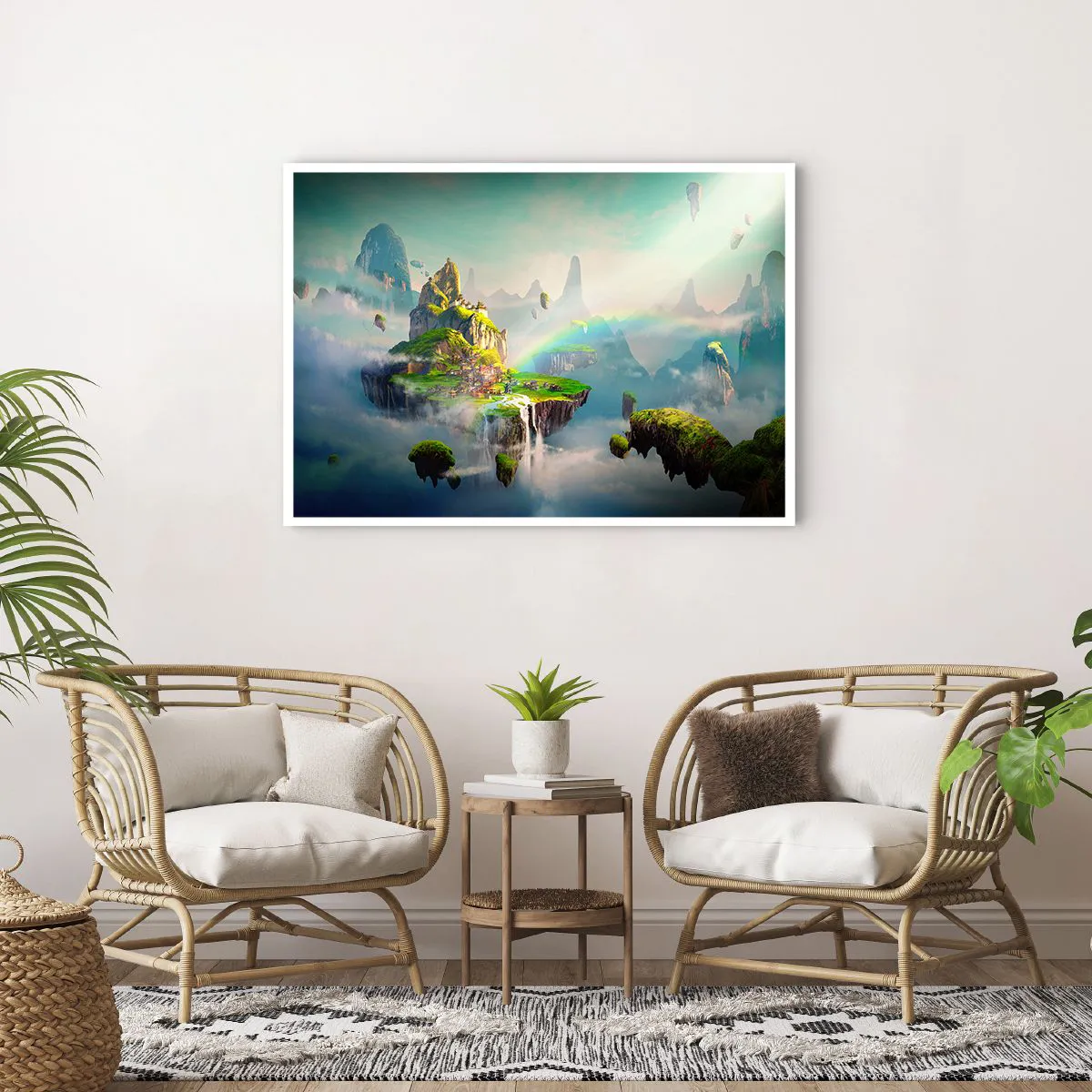 Poster - Isole volanti tra le nuvole con un arcobaleno all'orizzonte - 100x70cm - In mezzo al cielo: isole fortunate - Decorazione murale moderna per soggiorno e camera da letto ARTTOR