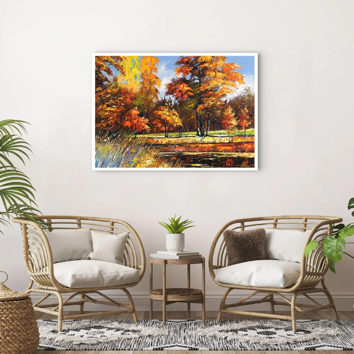 Affiche - Poster - Paysage d'automne avec des arbres colorés et un étang - 100x70cm - Paysage en or et bronze - Décoration murale moderne pour le salon et la chambre ARTTOR