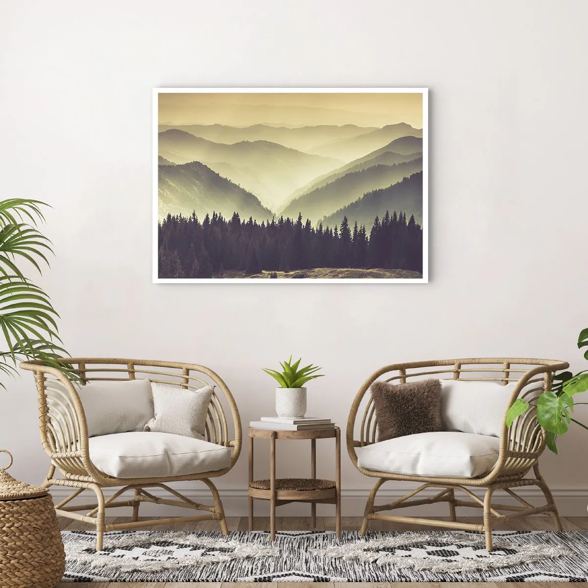 Poster - Malerische Bergketten im Nebel in warmem Licht - 100x70cm - Hinter den sieben Bergen ... - Moderne Wanddekoration für Wohnzimmer und Schlafzimmer ARTTOR