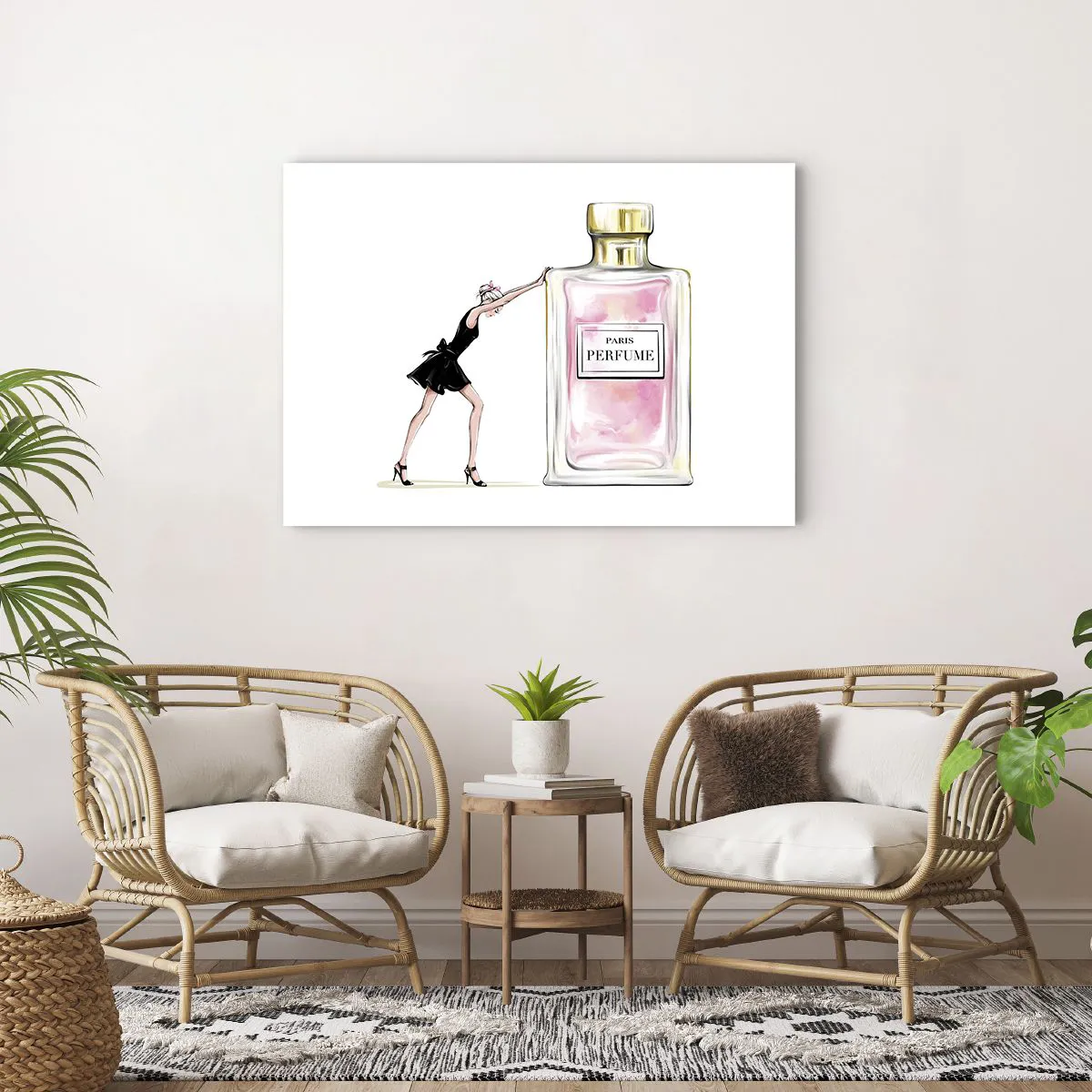 Plakat - Kobieta w czarnej sukience przy flakonie perfum - 100x70cm - Esencja kobiecości - Nowoczesna dekoracja ścienna do salonu i sypialni ARTTOR