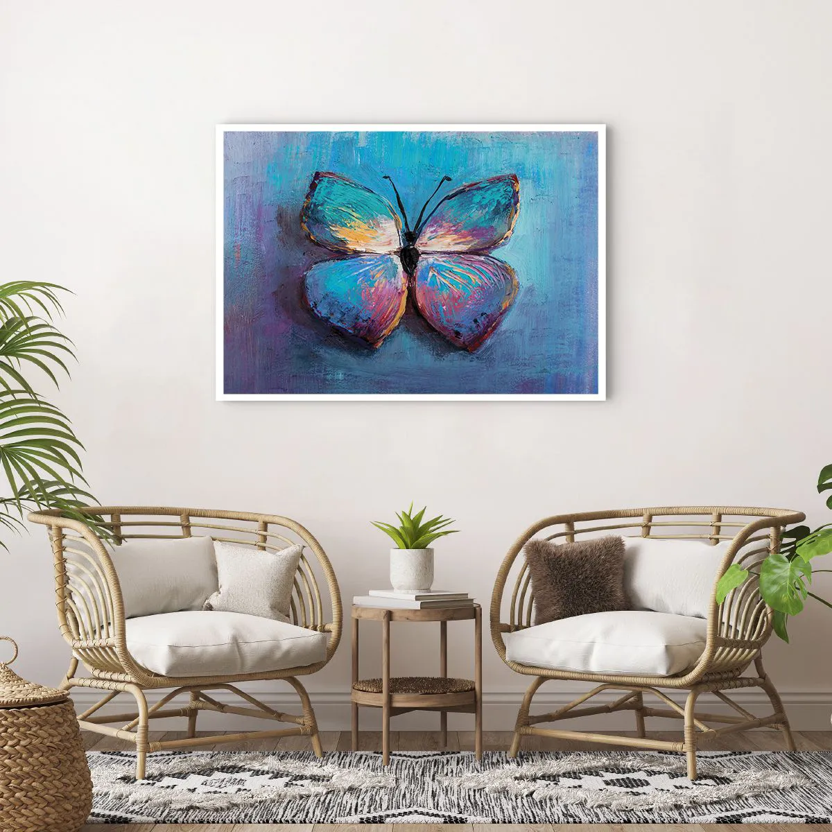 Poster - Bunter Schmetterling auf blauem Hintergrund - 100x70cm - In all seiner Pracht - Moderne Wanddekoration für Wohnzimmer und Schlafzimmer ARTTOR