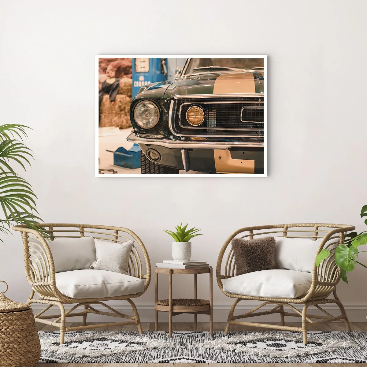 Poster - Ein kultiges Retro-Auto in klassischer Umgebung - 100x70cm - Treffen mit einer Legende - Moderne Wanddekoration für Wohnzimmer und Schlafzimmer ARTTOR