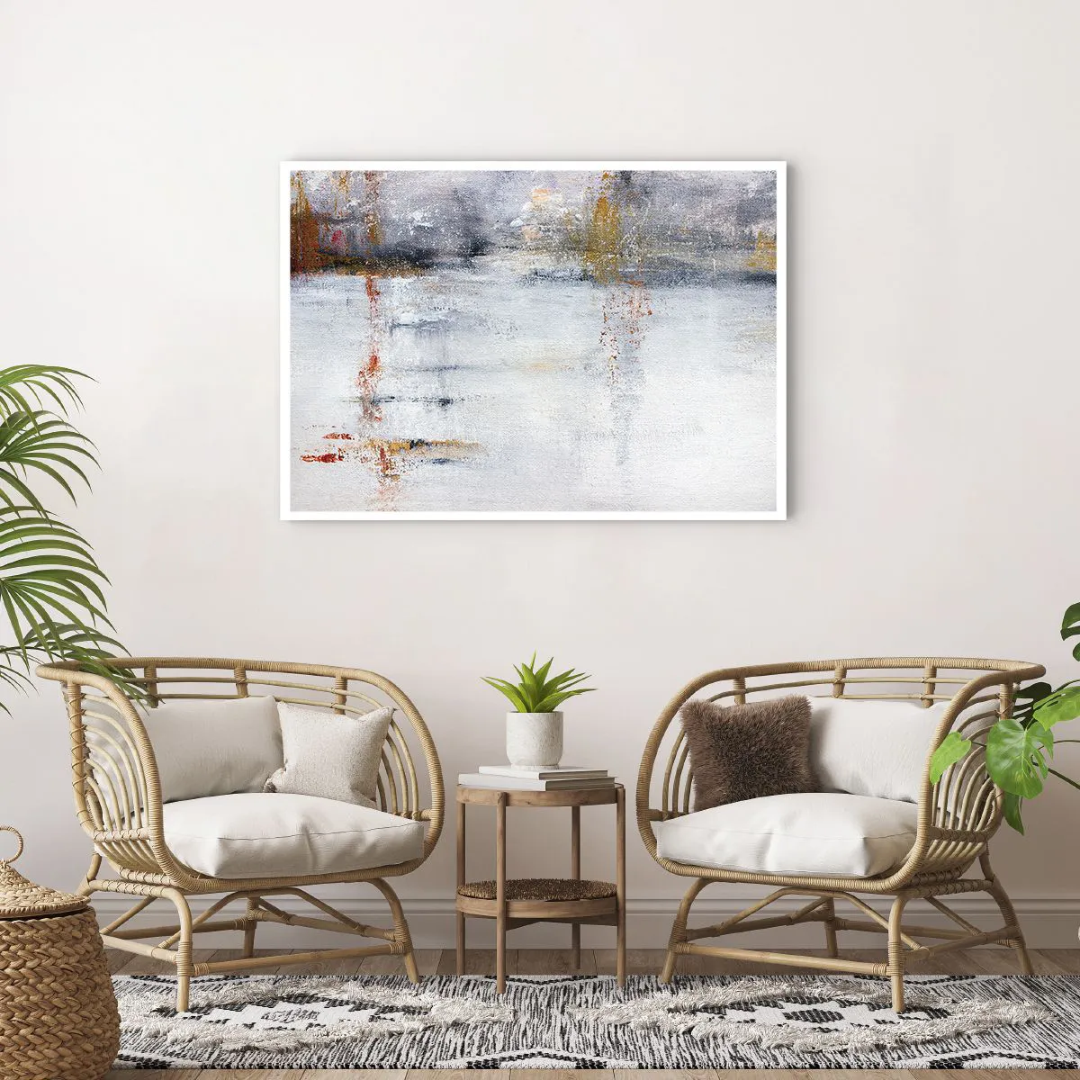 Poster - Eine abstrakte Landschaft mit verschwommenen Akzenten in Grau und Gold. - 100x70cm - Hinter dem Luftvorhang - Moderne Wanddekoration für Wohnzimmer und Schlafzimmer ARTTOR