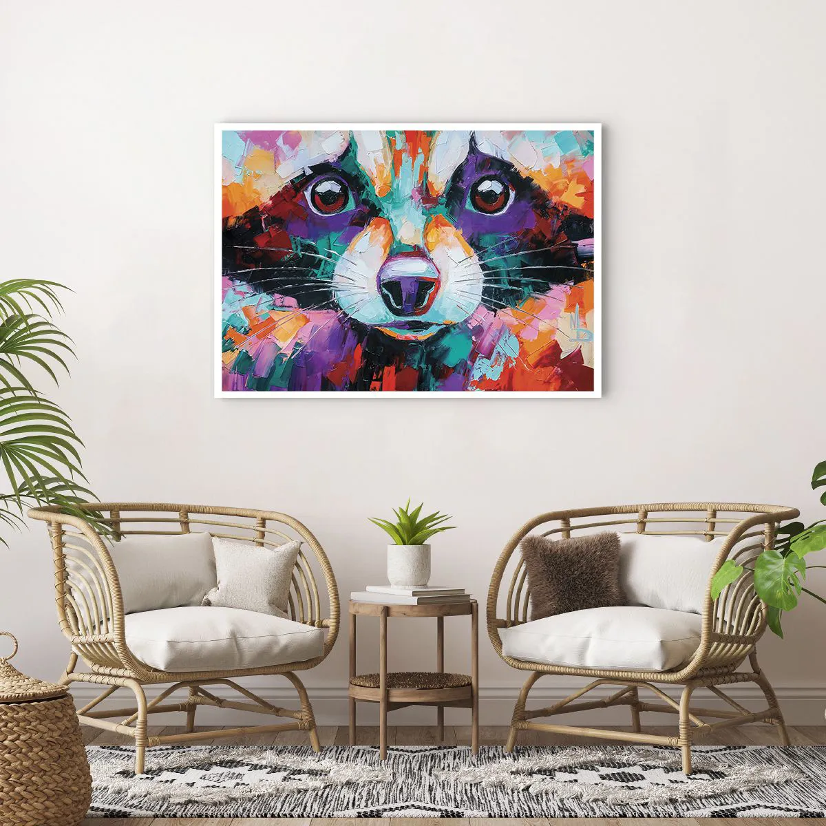 Poster - Ein farbenfrohes Porträt eines Waschbären im Stil der expressiven Malerei. - 100x70cm - Nur gute Emotionen - Moderne Wanddekoration für Wohnzimmer und Schlafzimmer ARTTOR