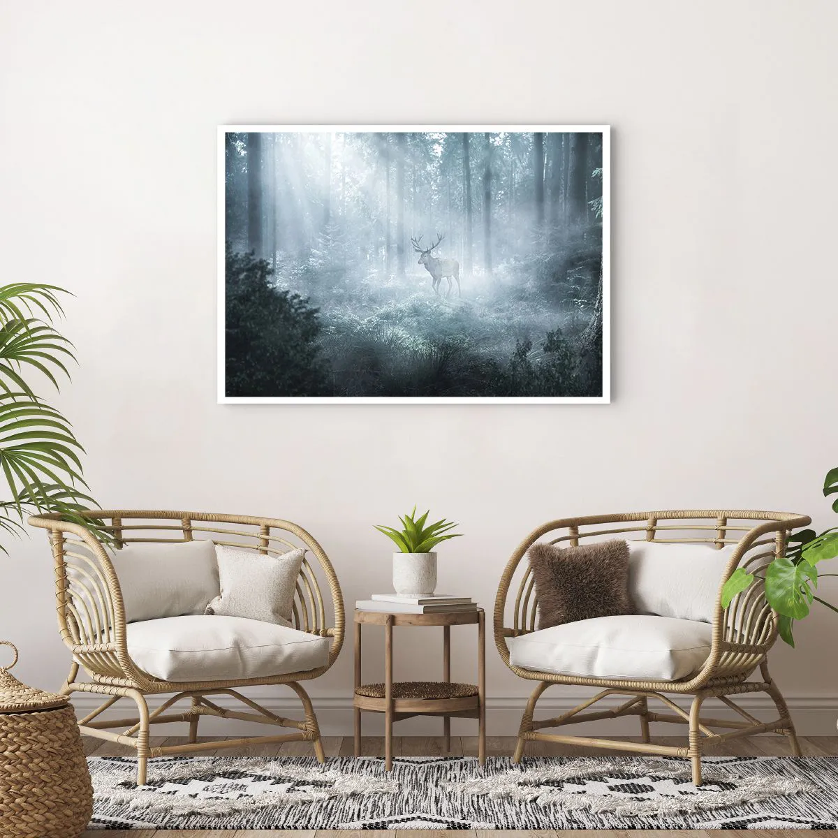 Affiche - Poster - Un cerf dans une forêt dense enveloppée de brume matinale - 100x70cm - Visite matinale du domaine - Décoration murale moderne pour le salon et la chambre ARTTOR