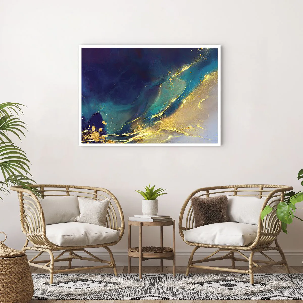 Poster - Abstrakte Komposition in Blau- und Goldtönen auf Leinwand - 100x70cm - Der goldene Teich - Moderne Wanddekoration für Wohnzimmer und Schlafzimmer ARTTOR