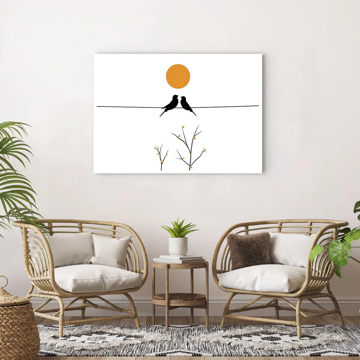 Poster - Vögel auf einer Linie mit einer gelben Sonne - 100x70cm - Abend der Nachtigallen - Moderne Wanddekoration für Wohnzimmer und Schlafzimmer ARTTOR