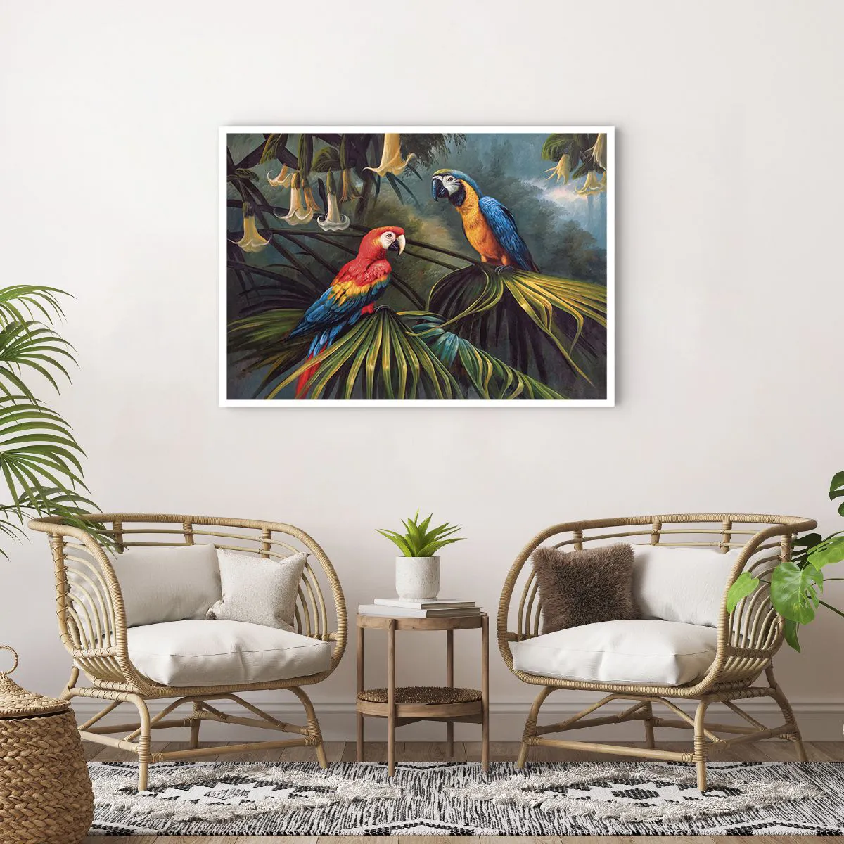 Póster - Loros en un bosque tropical con flores exóticas al fondo. - 100x70cm - Romanticismo en los trópicos - Decoración de pared moderna para salón y dormitorio ARTTOR