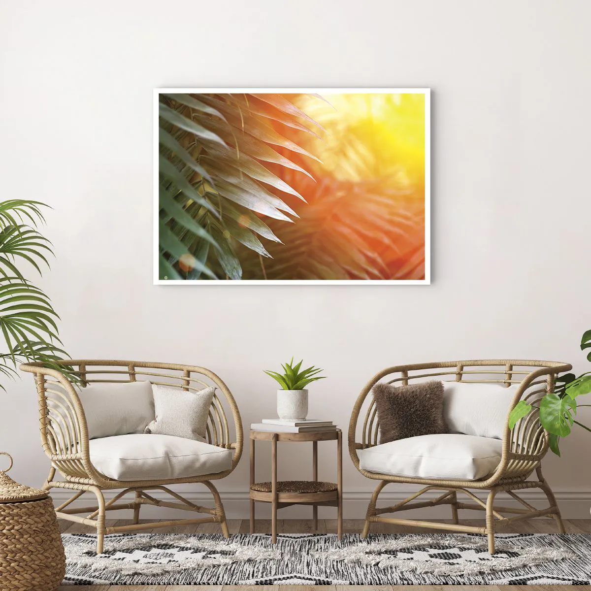 Poster - Palmblätter in den Strahlen des Sonnenuntergangs - 100x70cm - Morgen im Dschungel - Moderne Wanddekoration für Wohnzimmer und Schlafzimmer ARTTOR