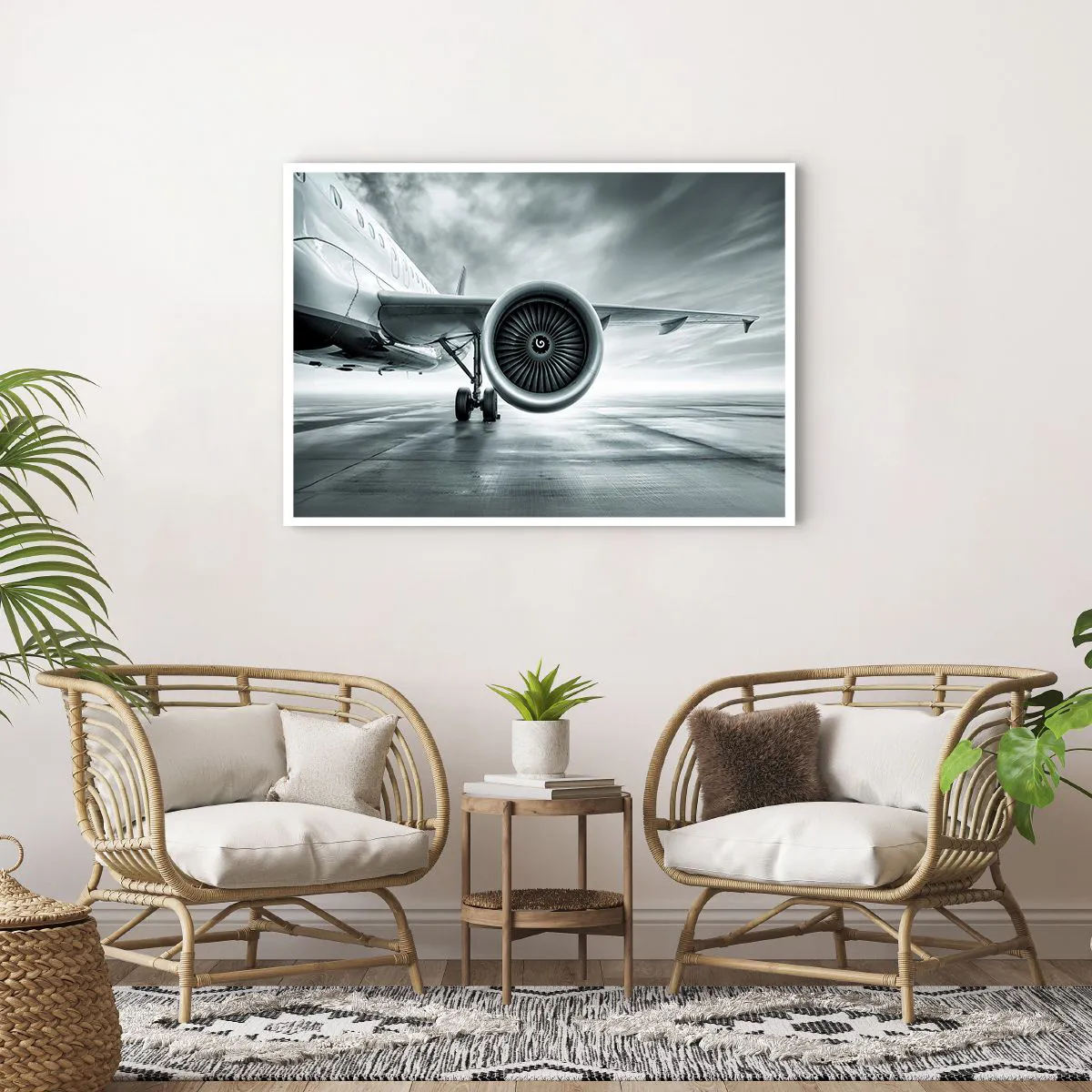 Plakat - Silnik odrzutowy samolotu na płycie lotniska - 100x70cm - Jest moc! - Nowoczesna dekoracja ścienna do salonu i sypialni ARTTOR