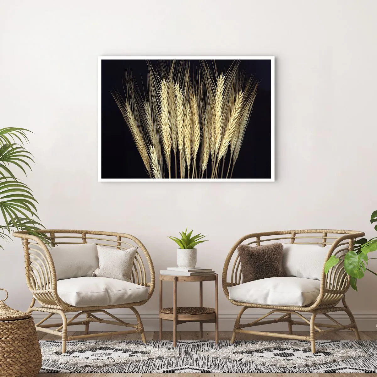 Póster - Espigas de trigo sobre fondo negro en estilo rústico - 100x70cm - Magia rústica - Decoración de pared moderna para salón y dormitorio ARTTOR