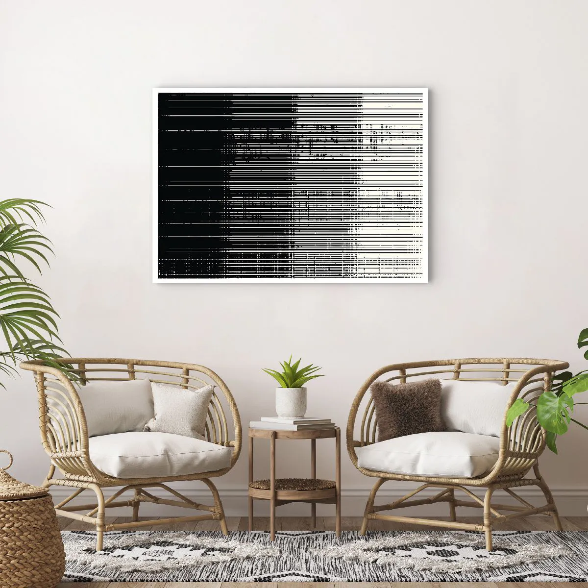 Affiche - Poster - Composition abstraite de lignes en noir et blanc contrastés - 100x70cm - Ondes et vibrations - Décoration murale moderne pour le salon et la chambre ARTTOR