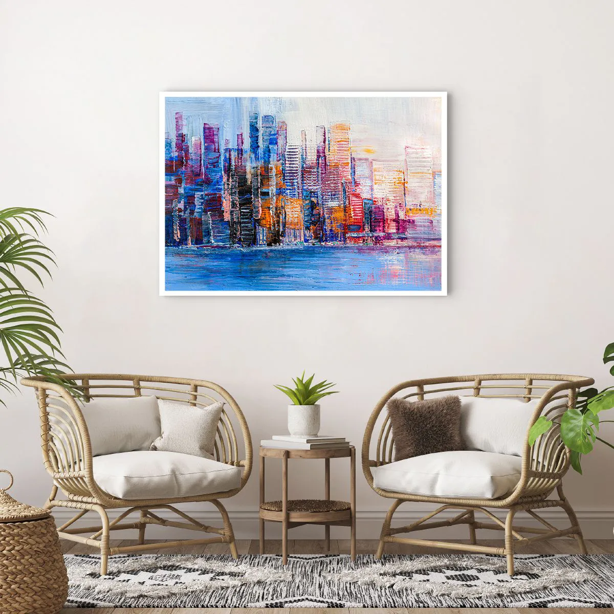 Poster - Ein farbenfrohes Panorama der Stadt mit Spiegelungen auf dem Wasser - 100x70cm - Fröhliche Metropole - Moderne Wanddekoration für Wohnzimmer und Schlafzimmer ARTTOR