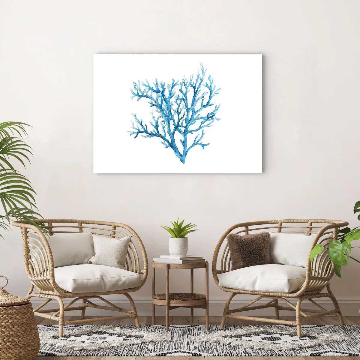 Poster - Corallo blu su sfondo bianco con un tocco minimalista - 100x70cm - Filigrana marina - Decorazione murale moderna per soggiorno e camera da letto ARTTOR