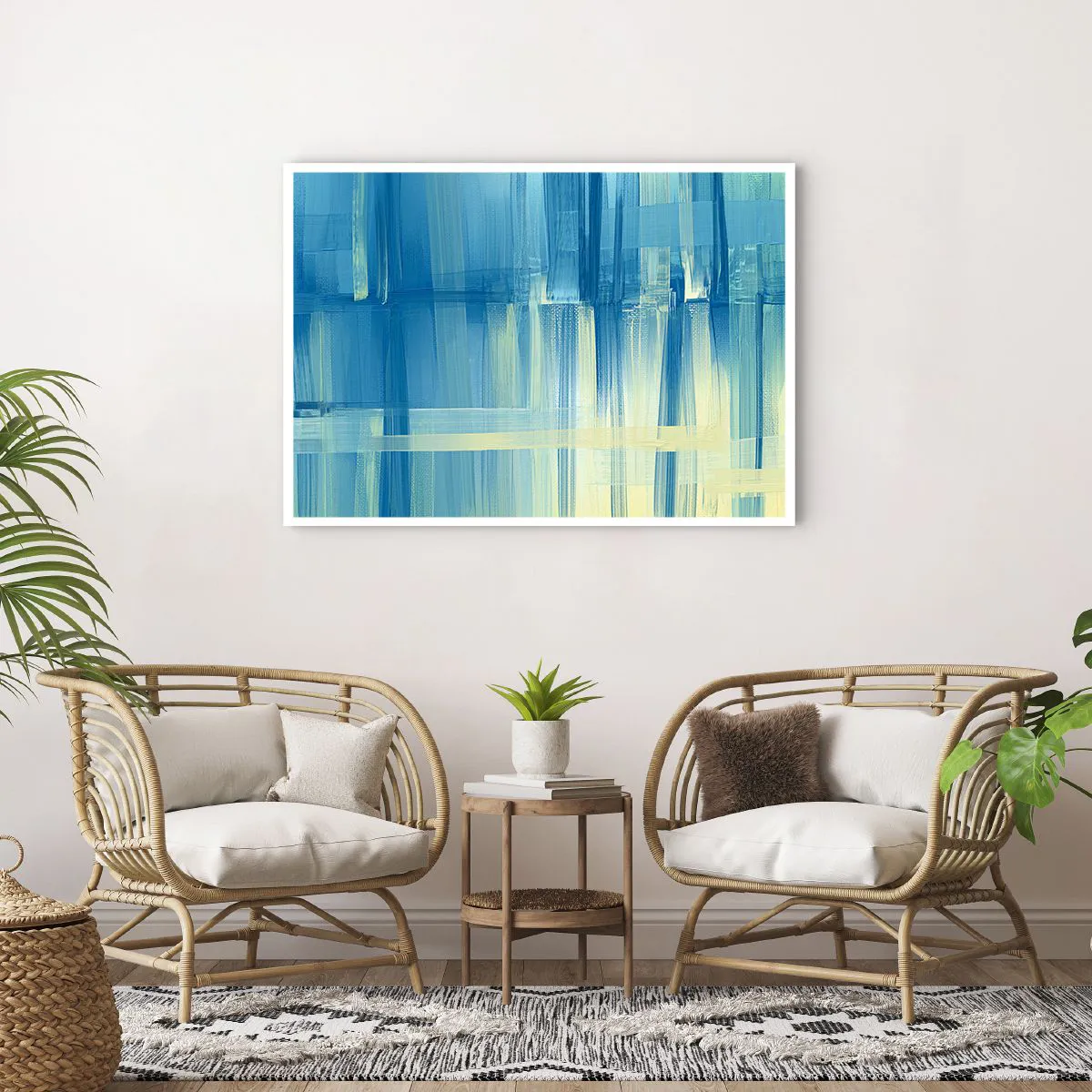 Poster - Ein abstraktes Gemälde in Türkis- und Blautönen mit geometrischen Pinselstrichen. - 100x70cm - Komposition in Türkis - Moderne Wanddekoration für Wohnzimmer und Schlafzimmer ARTTOR