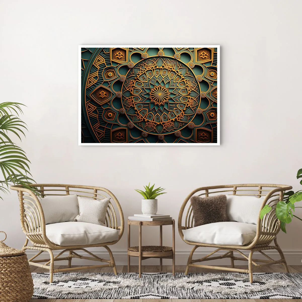 Poster - Ein goldenes Mandala auf türkisfarbenem Hintergrund mit vielen Details. - 100x70cm - In arabischer Atmosphäre - Moderne Wanddekoration für Wohnzimmer und Schlafzimmer ARTTOR