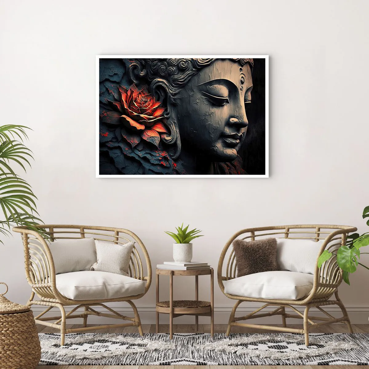 Póster - Escultura de Buda con una flor de loto roja. - 100x70cm - En sintonía con el mundo - Decoración de pared moderna para salón y dormitorio ARTTOR
