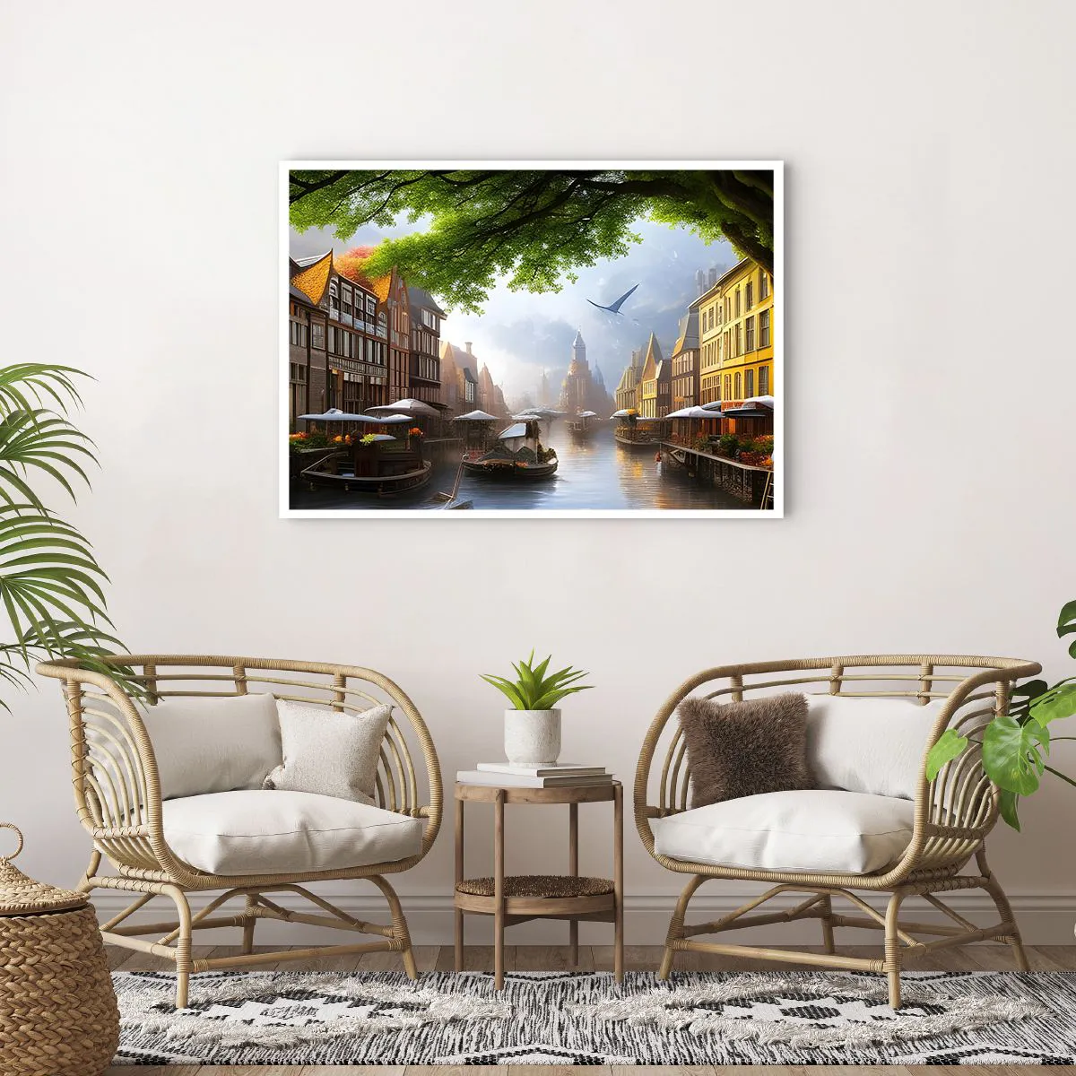 Plakat - Malowniczy niderlandzki pejzaż z kanałem i kamienicami - 100x70cm - Niderlandzki pejzaż miejski - Nowoczesna dekoracja ścienna do salonu i sypialni ARTTOR