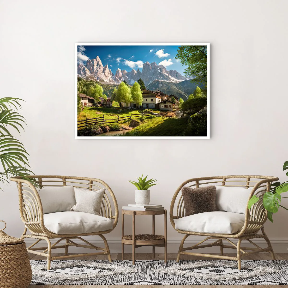 Affiche - Poster - Un village de montagne avec des maisons et une vue sur les Alpes - 100x70cm - Idylle alpine - Décoration murale moderne pour le salon et la chambre ARTTOR