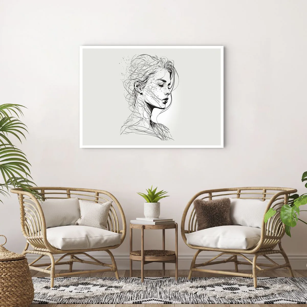 Affiche - Poster - Un portrait délicat d'une femme dans un style graphique minimaliste. - 100x70cm - Portrait en pensée - Décoration murale moderne pour le salon et la chambre ARTTOR