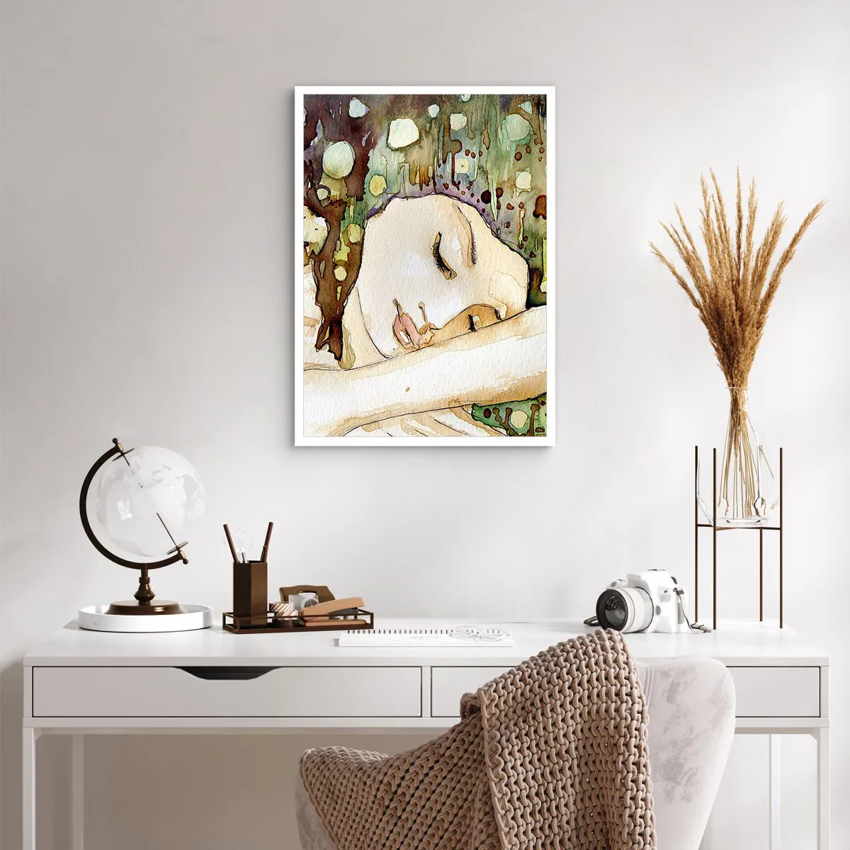 Poster - Künstlerisches Aquarellporträt einer schlafenden Frau - 50x70cm - Ein smaragd-violetter Traum - Moderne Wanddekoration für Wohnzimmer und Schlafzimmer ARTTOR