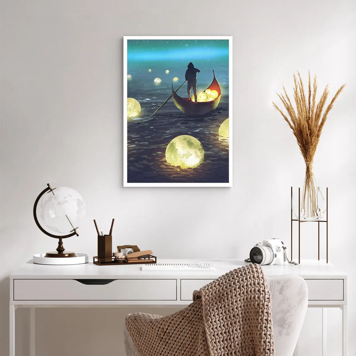 Affiche - Poster - Une silhouette sur un bateau entourée de boules lumineuses sur l'eau - 50x70cm - Des choses dont les philosophes n'ont jamais rêvé - Décoration murale moderne pour le salon et la chambre ARTTOR