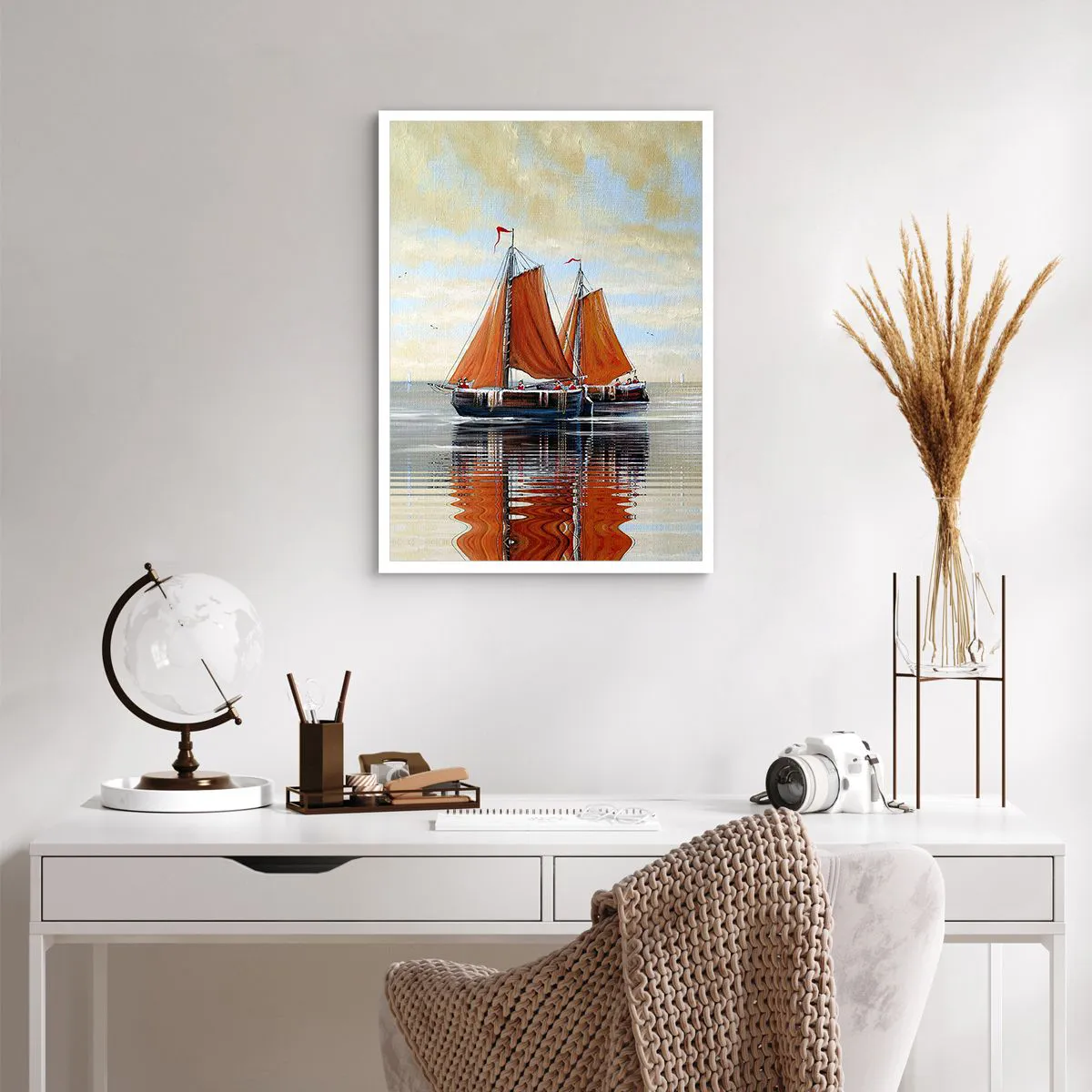 Poster - Segelboote auf ruhigem Wasser mit roten Segeln - 50x70cm - Hey, Segel, Matrose ... - Moderne Wanddekoration für Wohnzimmer und Schlafzimmer ARTTOR