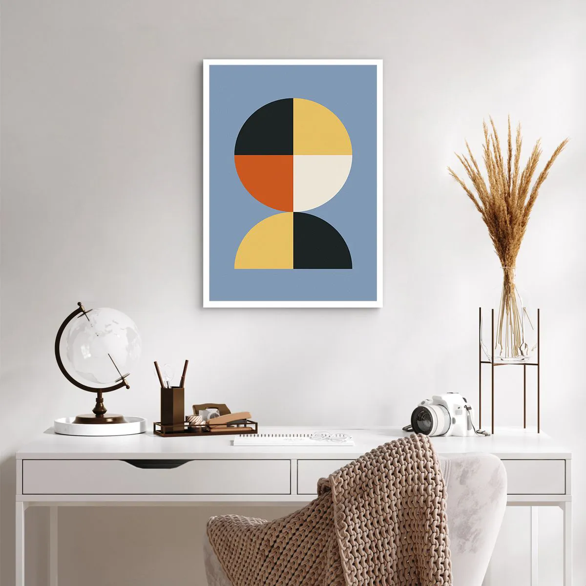 Poster - Motivo geometrico a forma di cerchio e semicerchio su sfondo blu - 50x70cm - Guarda e conta - Decorazione murale moderna per soggiorno e camera da letto ARTTOR