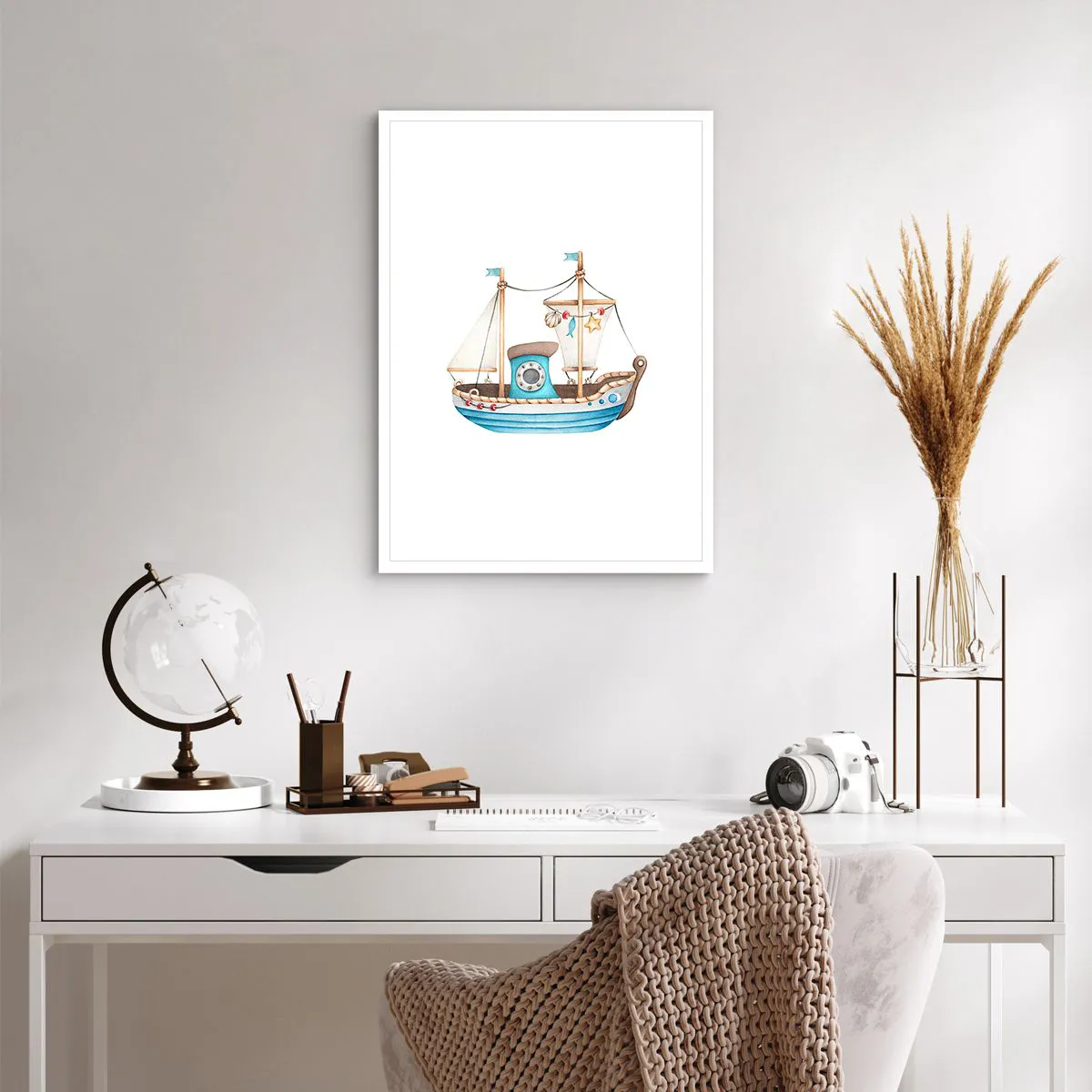 Poster - Nave acquerello in tonalità pastello di blu e beige - 50x70cm - Benvenuta avventura! - Decorazione murale moderna per soggiorno e camera da letto ARTTOR