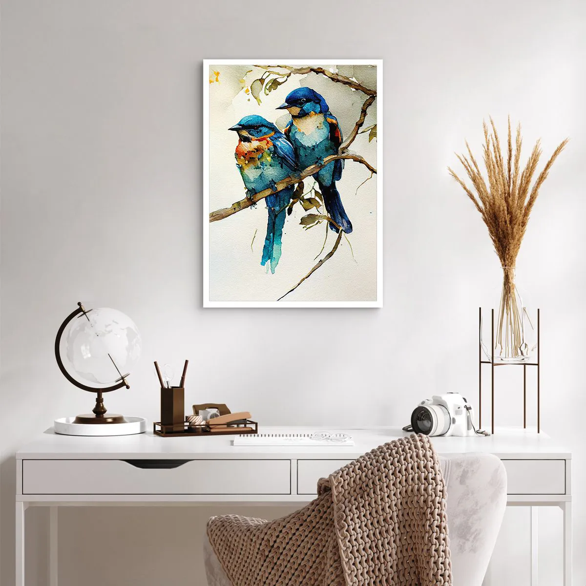 Poster - Aquarellvögel auf einem Ast in Blau- und Brauntönen - 50x70cm - War er beleidigt? - Moderne Wanddekoration für Wohnzimmer und Schlafzimmer ARTTOR