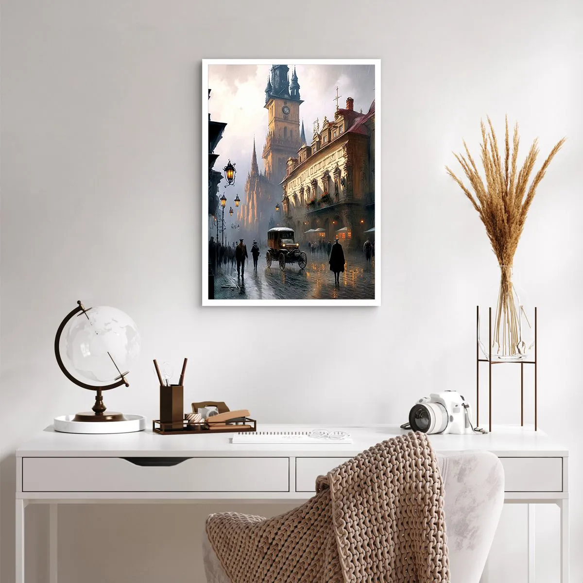 Poster - Historische Stadt in der Abenddämmerung mit einem historischen Fahrzeug - 50x70cm - Charme eines Prager Abends - Moderne Wanddekoration für Wohnzimmer und Schlafzimmer ARTTOR