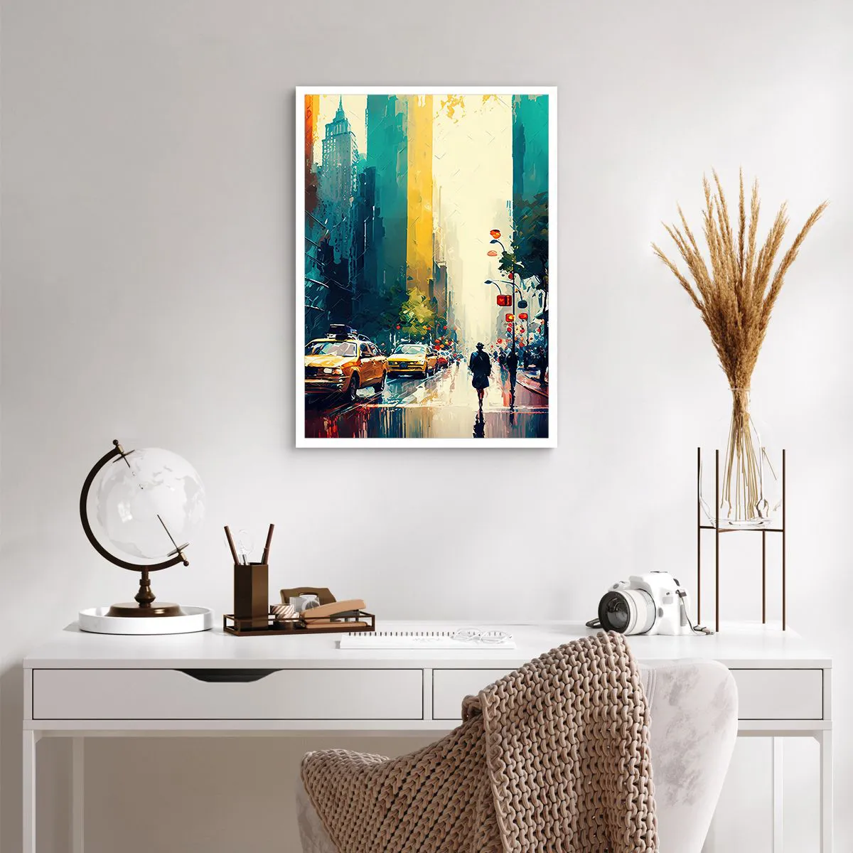 Poster - Eine bunte Straße einer Großstadt mit gelben Taxis - 50x70cm - New York – selbst der Regen ist hier bunt - Moderne Wanddekoration für Wohnzimmer und Schlafzimmer ARTTOR