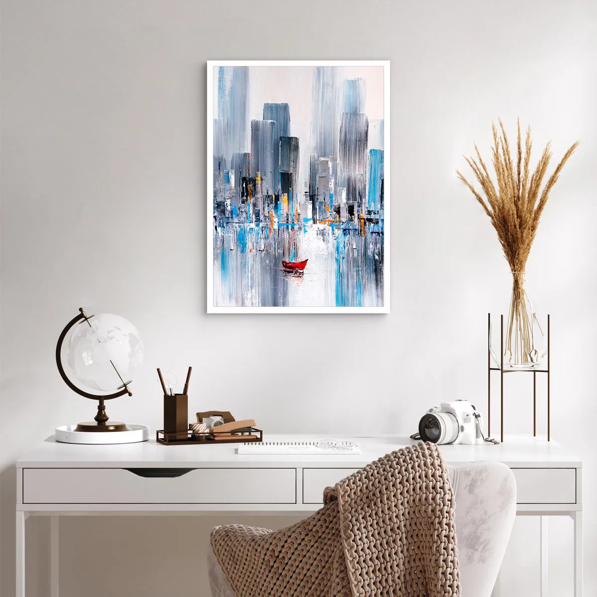 Póster - Una pintura abstracta que representa el horizonte de una ciudad sobre el agua con un barco rojo. - 50x70cm - Metrópolis junto a la bahía - Decoración de pared moderna para salón y dormitorio ARTTOR