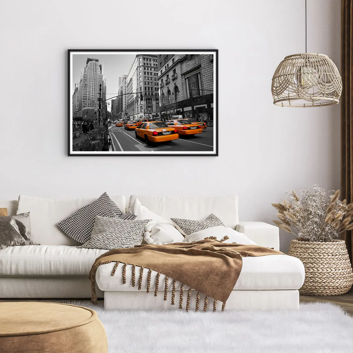 Plakat w czarnej ramie - Żółte taksówki na ulicach Nowego Jorku - 100x70cm - Słońca wielkiego miasta - Nowoczesna dekoracja ścienna do salonu i sypialni ARTTOR