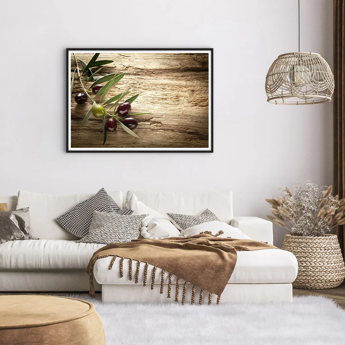 Plakat w czarnej ramie - Gałązka oliwna z owocami na tle postarzanego drewna - 100x70cm - Prosto od natury - Nowoczesna dekoracja ścienna do salonu i sypialni ARTTOR