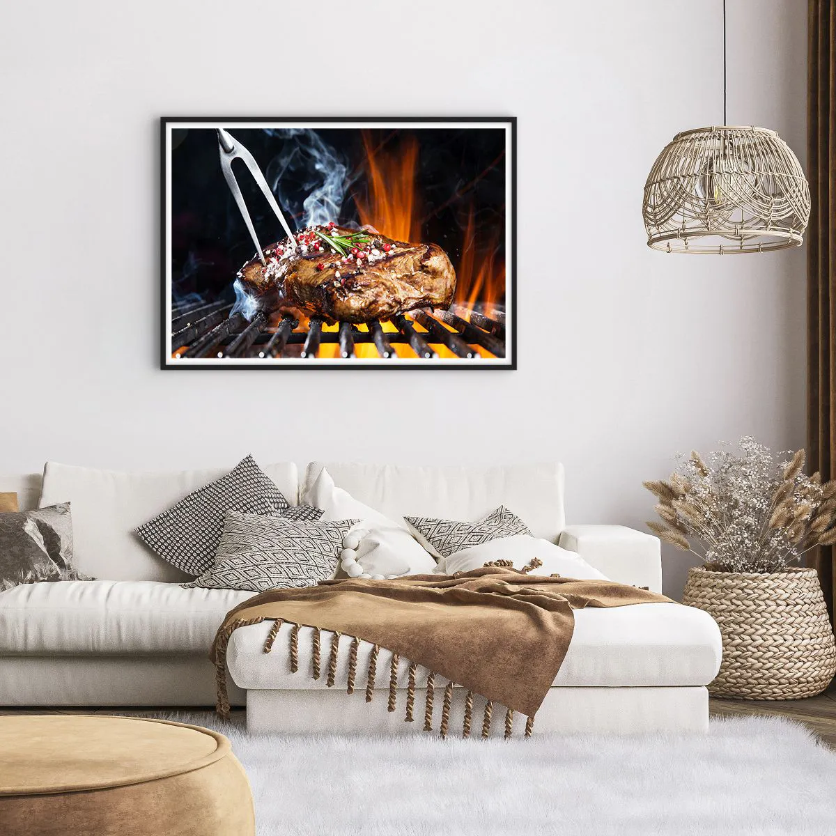Affiche dans un cadre noir - Poster - Steak grillé sur un gril aux épices - 100x70cm - Juteux et parfumé - Décoration murale moderne pour le salon et la chambre ARTTOR