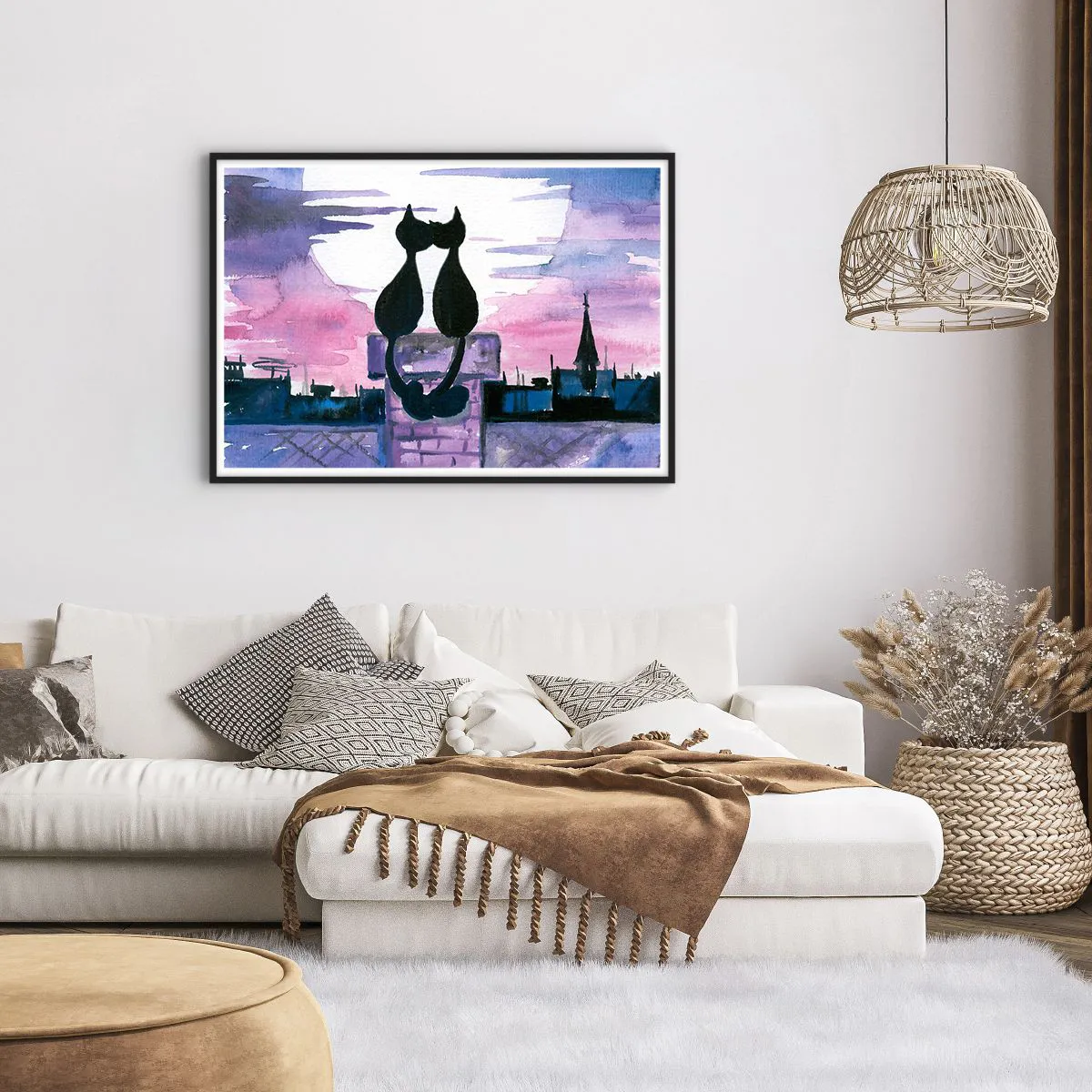 Poster in einem schwarzem Rahmen - Schwarze Katzen auf einem Dach im Mondlicht in einer Aquarell-Kulisse - 100x70cm - Rendez-vous unter dem Mond - Moderne Wanddekoration für Wohnzimmer und Schlafzimmer ARTTOR