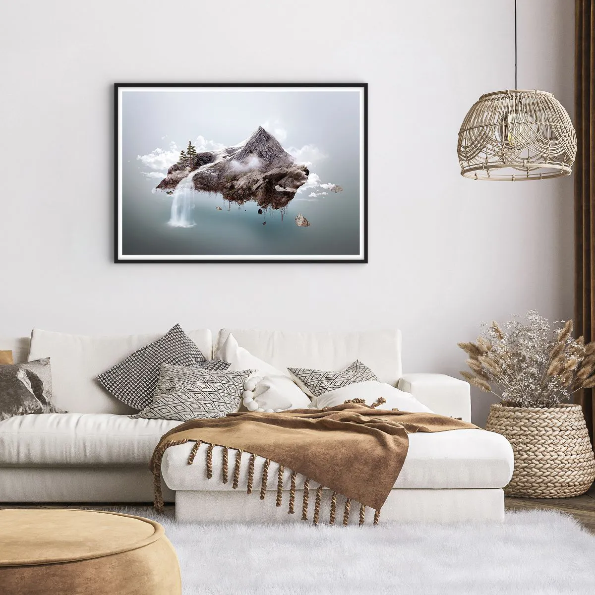 Póster en marco negro - Una montaña surrealista flotando en las nubes con una cascada. - 100x70cm - Isla surrealista - Decoración de pared moderna para salón y dormitorio ARTTOR