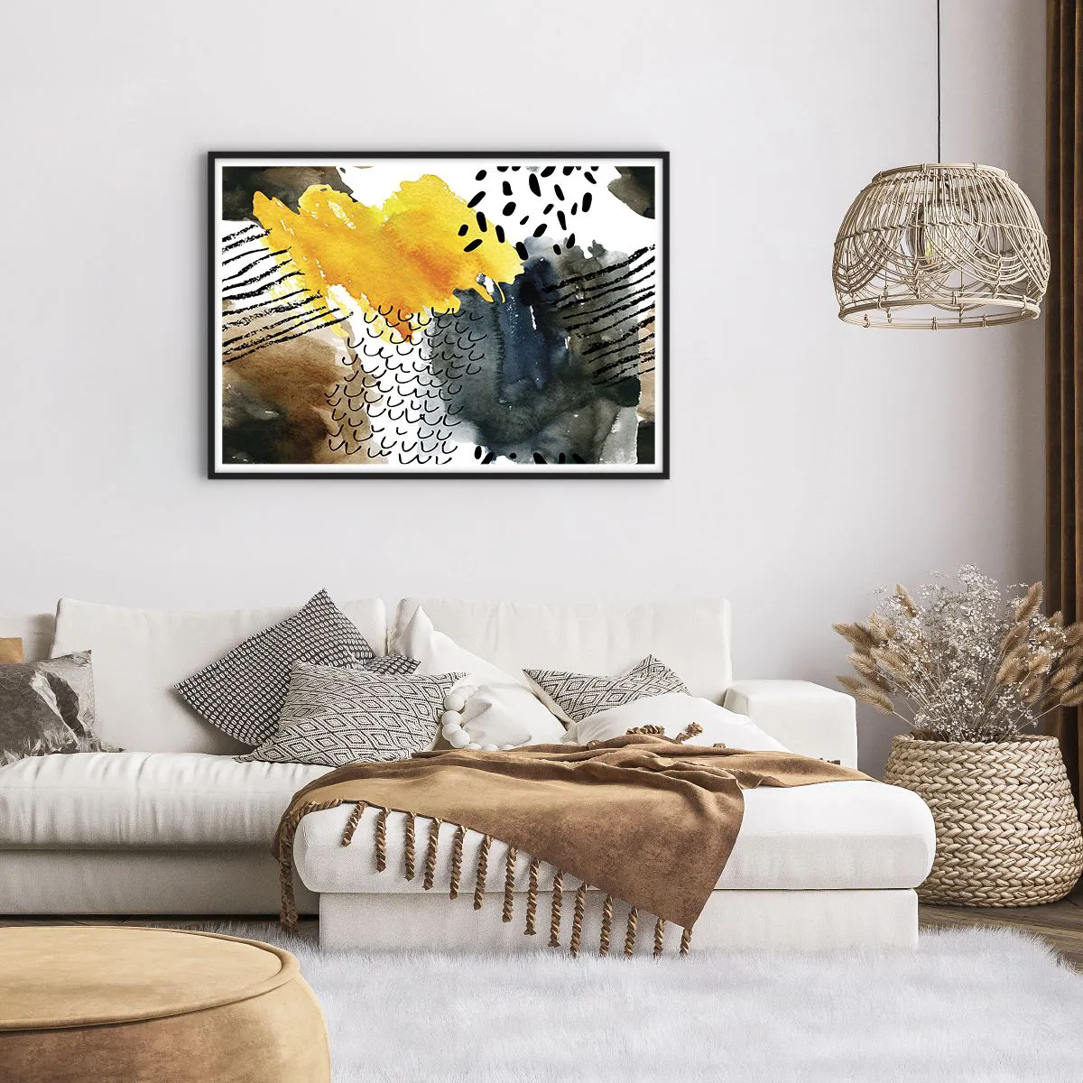 Plakat w czarnej ramie - Abstrakcyjna kompozycja z żółtymi akcentami i graficznymi wzorami - 100x70cm - Spotkanie żywiołów - Nowoczesna dekoracja ścienna do salonu i sypialni ARTTOR
