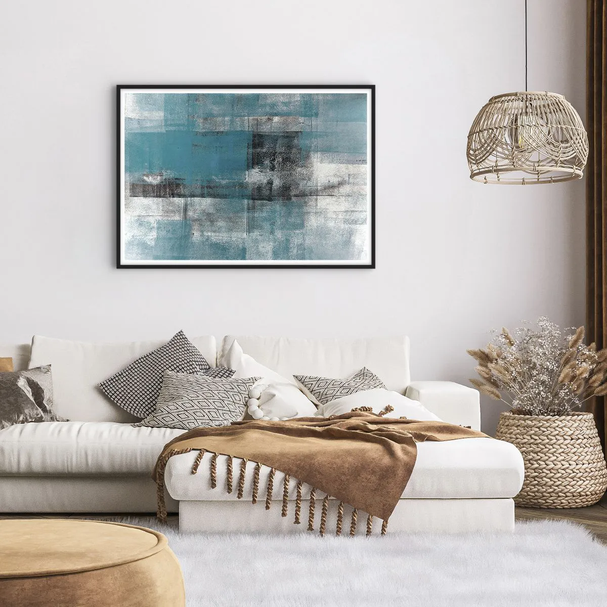 Poster in einem schwarzem Rahmen - Eine abstrakte Komposition in Blautönen mit Textur und Schichten. - 100x70cm - Wasser und Luft - Moderne Wanddekoration für Wohnzimmer und Schlafzimmer ARTTOR