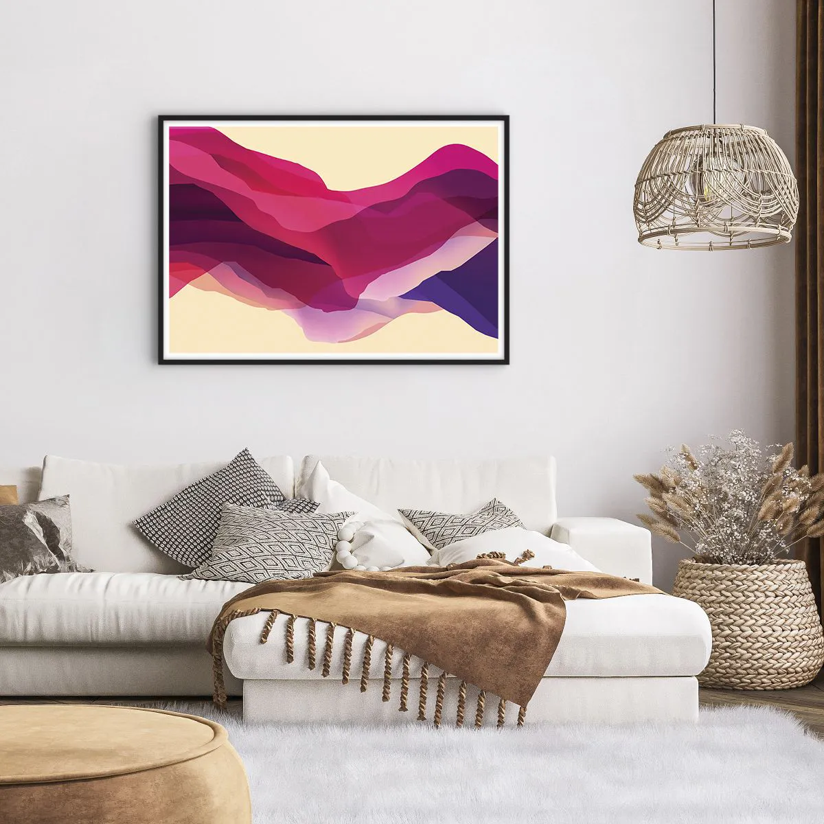 Póster en marco negro - Ondas abstractas en tonos morados y rosas sobre un fondo claro. - 100x70cm - Ondas púrpuras - Decoración de pared moderna para salón y dormitorio ARTTOR
