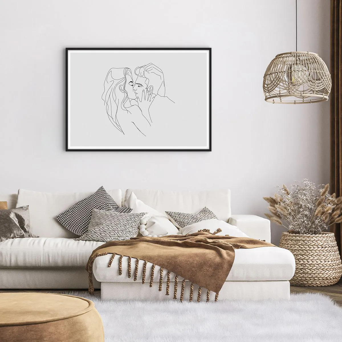 Poster in einem schwarzem Rahmen - Die Umrisse eines sich küssenden Paares auf hellem Hintergrund - 100x70cm - Dieselbe Linie - Moderne Wanddekoration für Wohnzimmer und Schlafzimmer ARTTOR